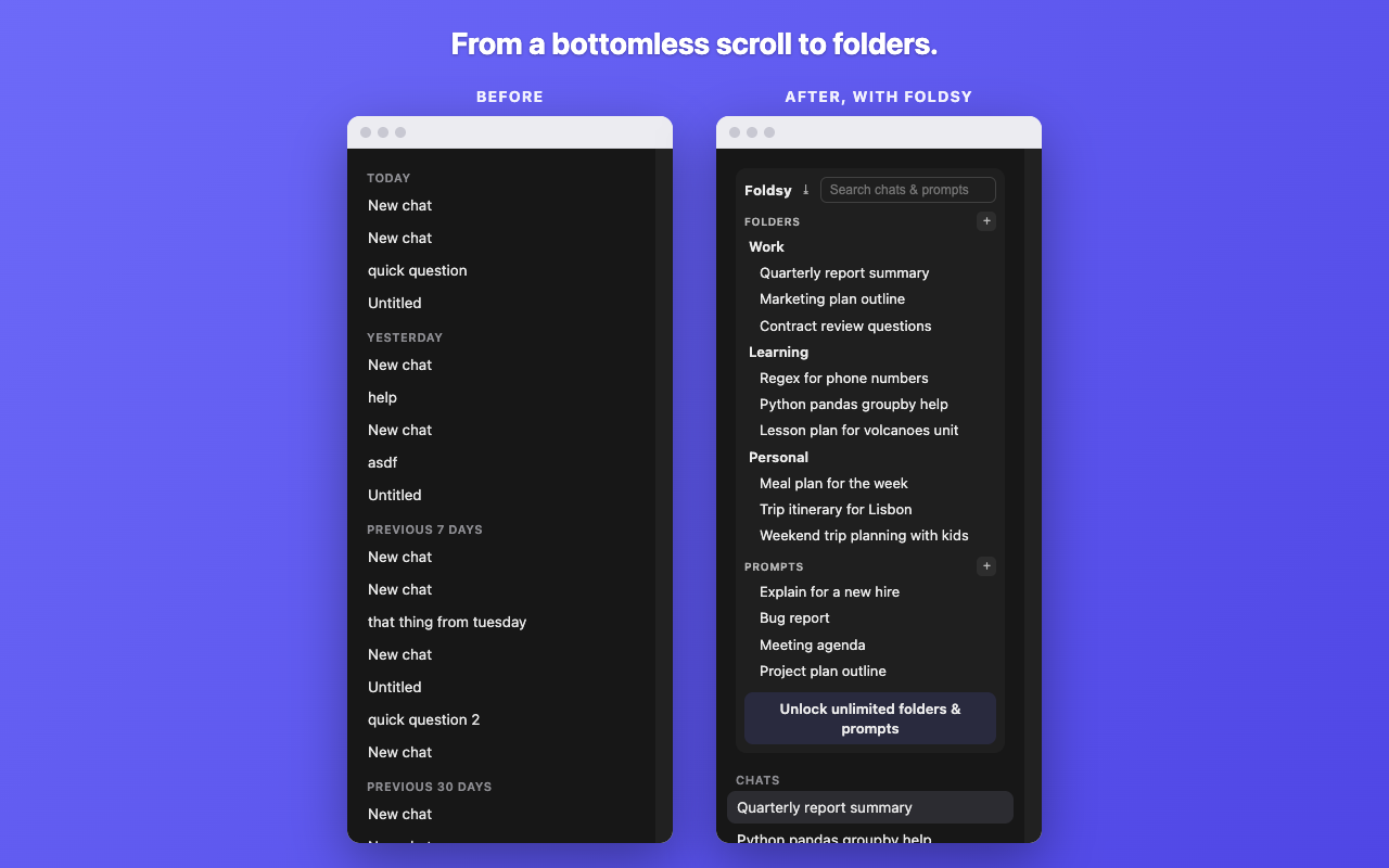 Side by side comparison: a chat history full of entries named New chat and Untitled, next to the same account organized into folders