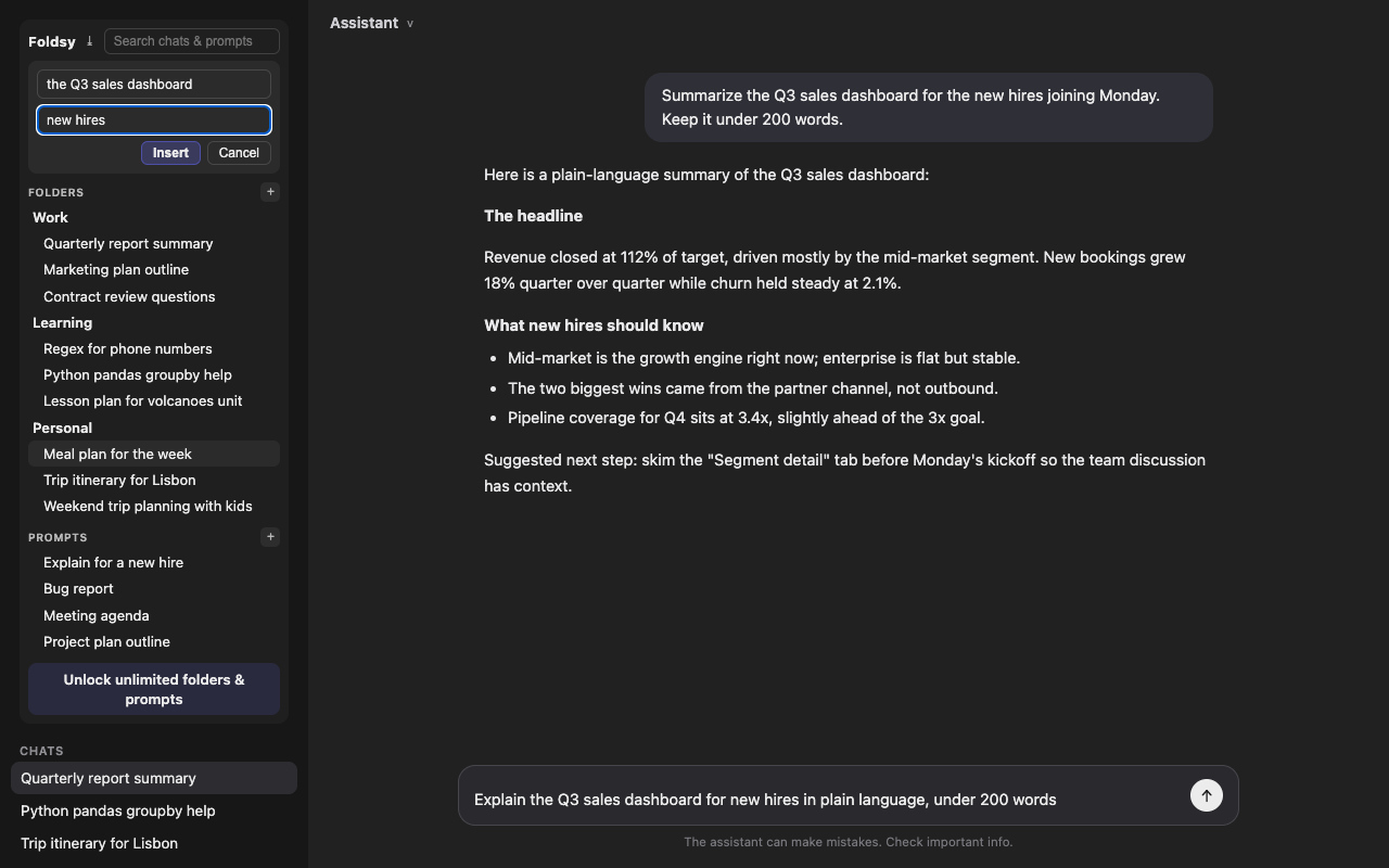 A saved prompt being inserted, with two variable fields filled in before it lands in the message composer