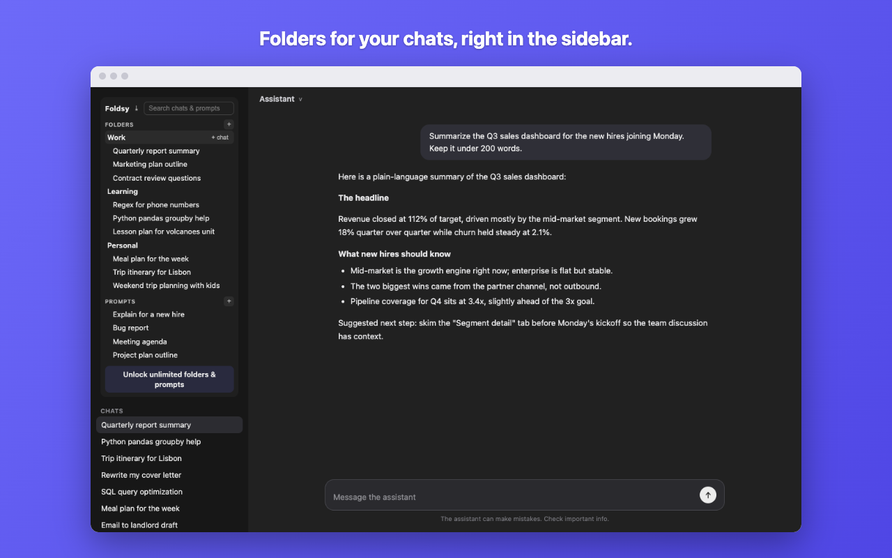 The Foldsy panel at the top of the ChatGPT sidebar, showing folders named Work, Learning and Personal with chats filed inside them