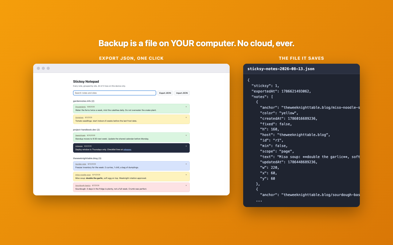 The Sticksy Notepad next to the JSON file it exports, showing note text, colors and positions