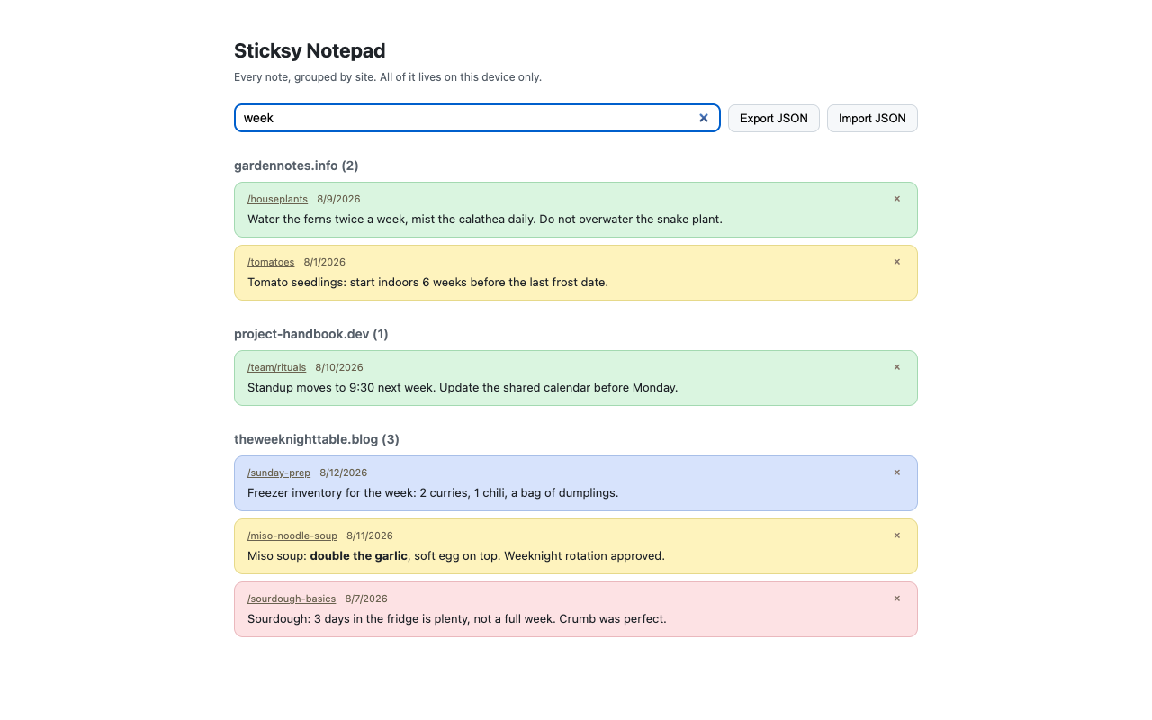 The Sticksy Notepad page listing every note grouped by website, with a search box filtering them