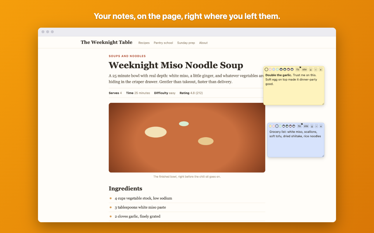 A recipe page with two pastel sticky notes pinned beside the article, one yellow and one blue