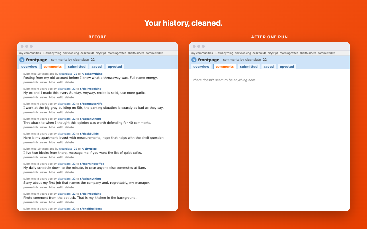 Side by side comparison of a Reddit comment history full of old comments, next to the same page reading there does not seem to be anything here