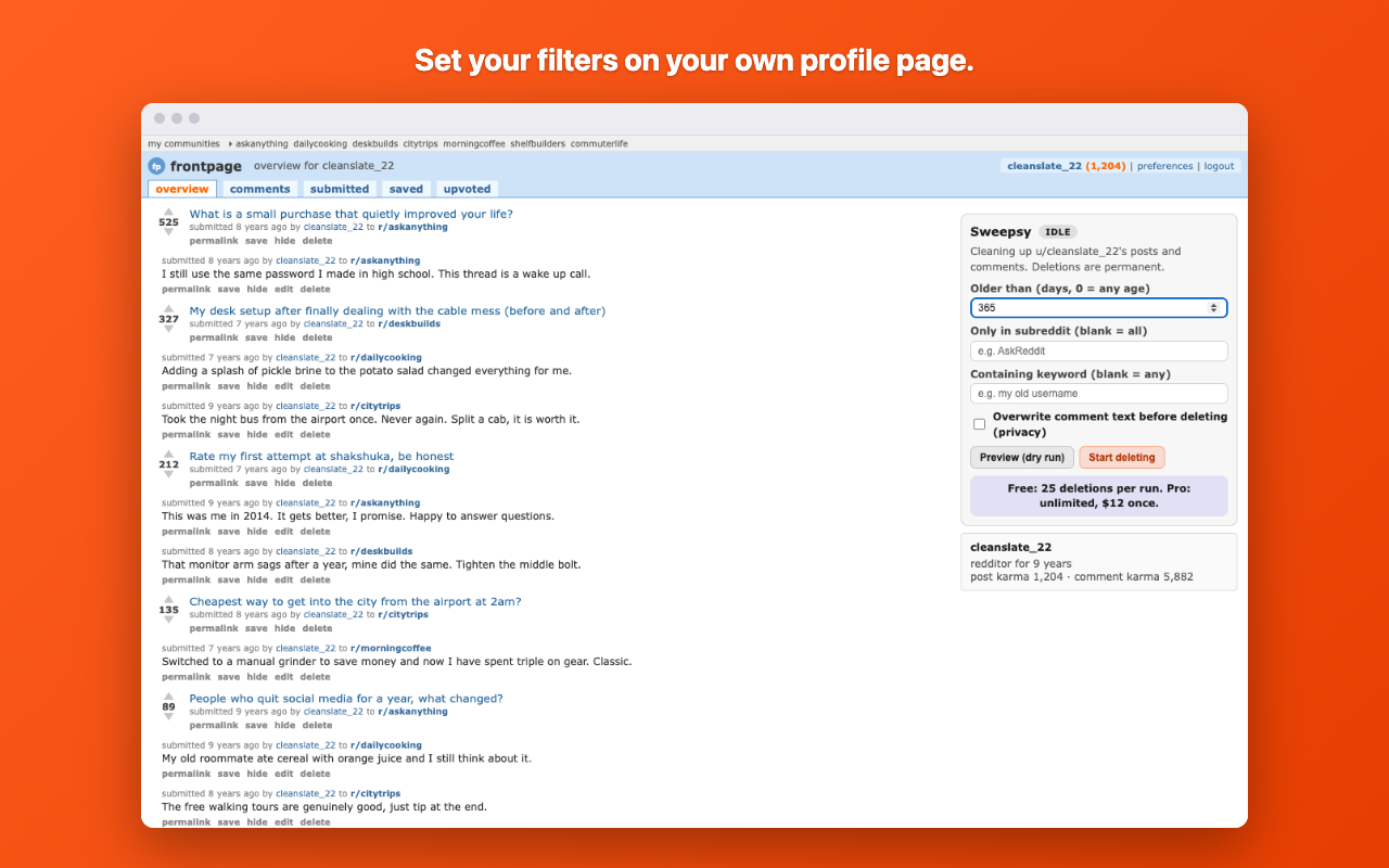The Sweepsy panel on a Reddit profile page with filters for age, subreddit and keyword, and a status badge reading idle