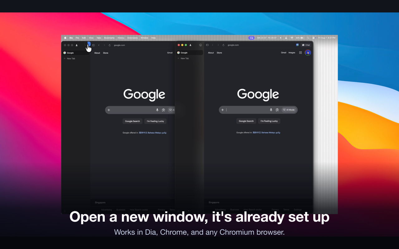 The Dia browser sidebar in two windows showing matching tabs
