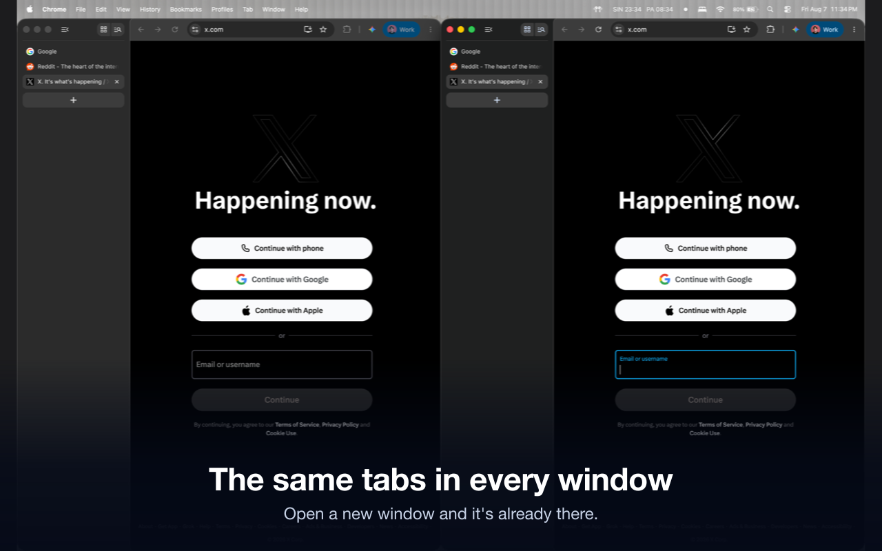 Two browser windows showing the same named tab groups in the same order